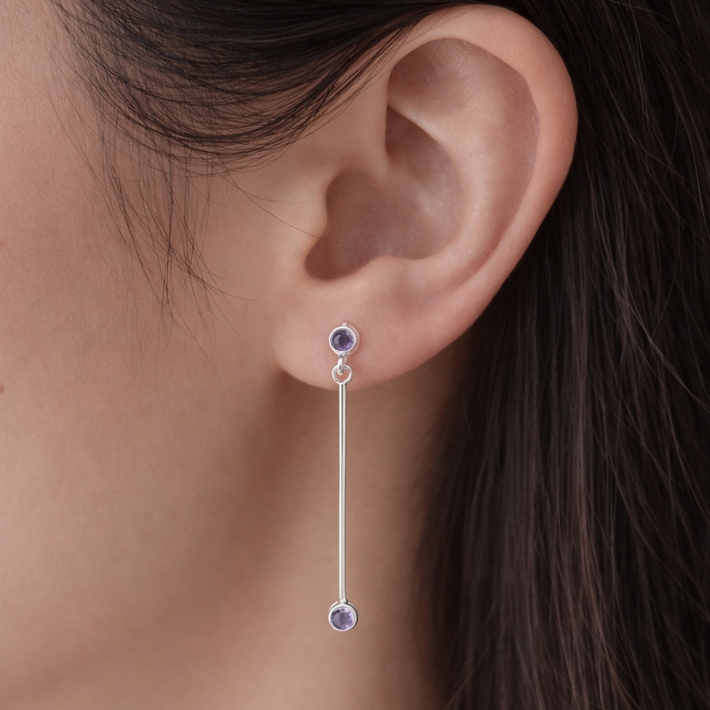 925 Silver Amethyst Earrings Line Drop Dangle February Birthstone Minimalist